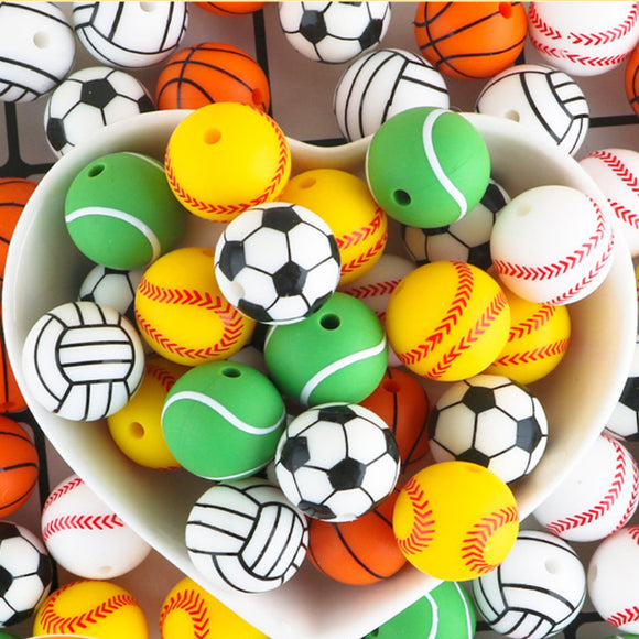 10Pcs Silicone Sports Beads, 15mm Sports Football Baseball Basketball Rugby Beads For Necklace Bracelet Earrings DIY Jewelry Decoration